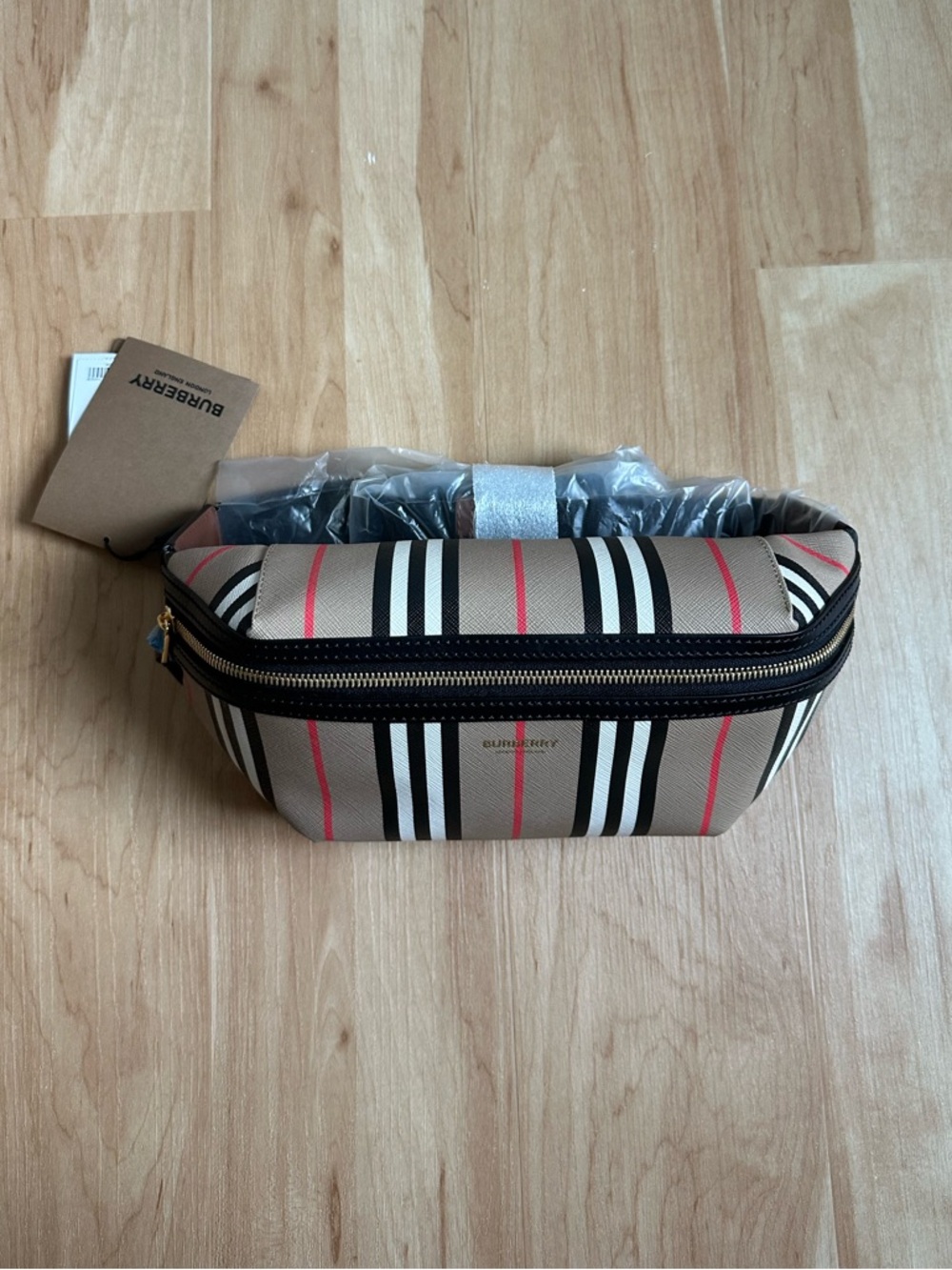 Burberry Beige, Black & Red Striped Zip Pouch